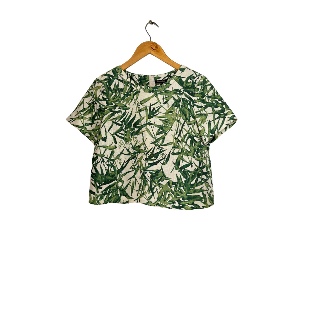 Massimo Dutti White & Green Printed 100% Linen Top | Like New |