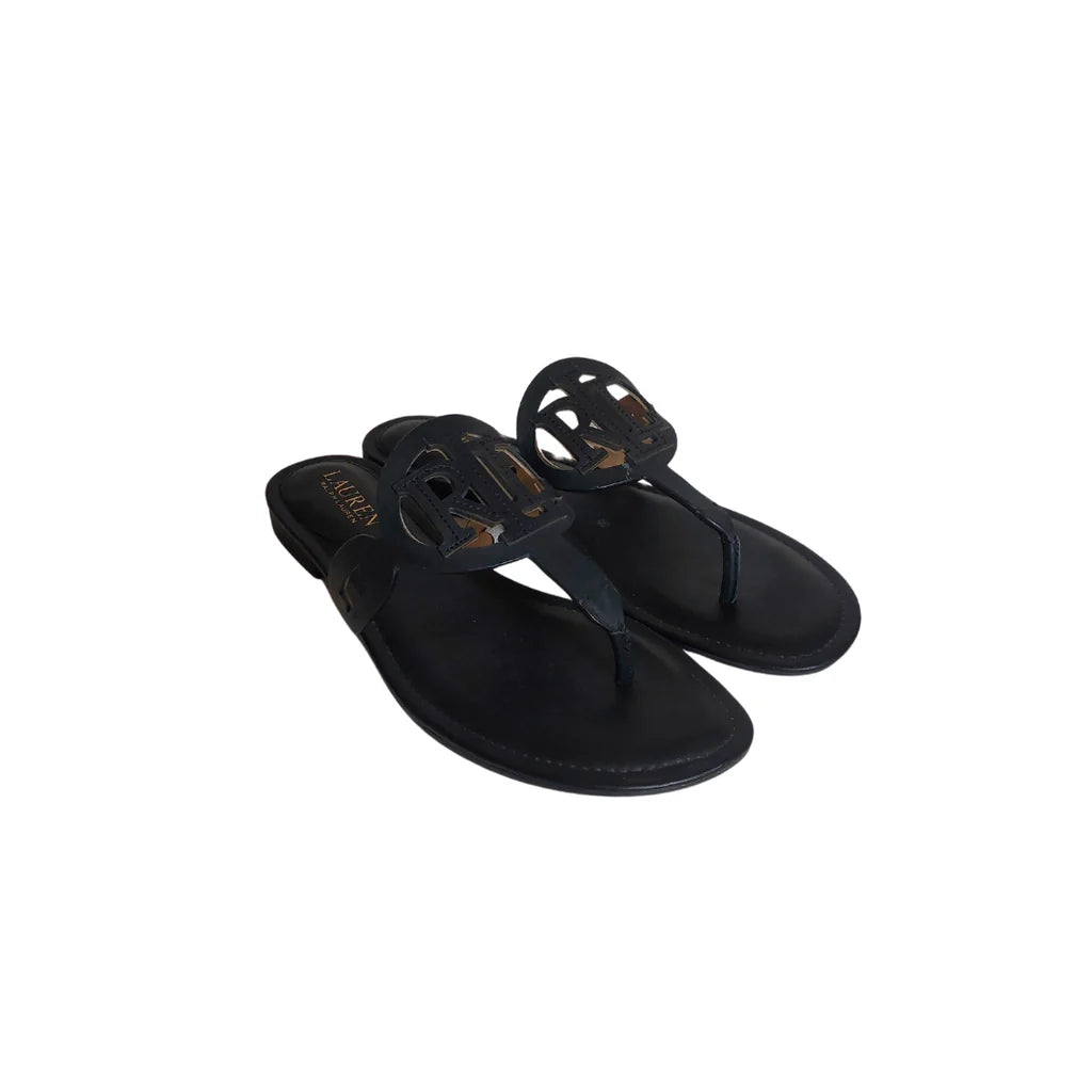Ralph Lauren 'AUDRIE' Black Leather Sandals Gently Used