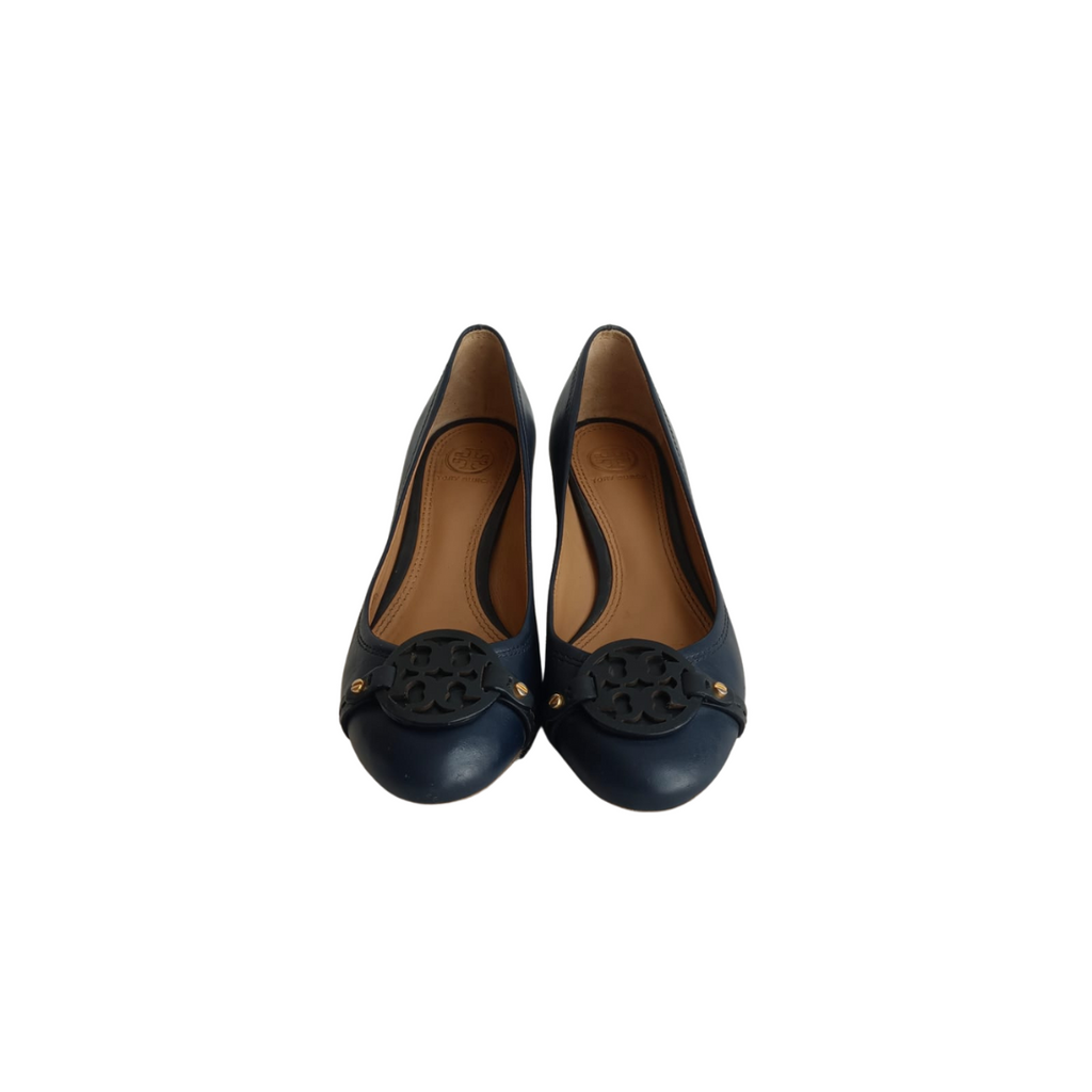 Tory Burch Navy Mini Miller Leather Logo Pumps | Pre Loved |