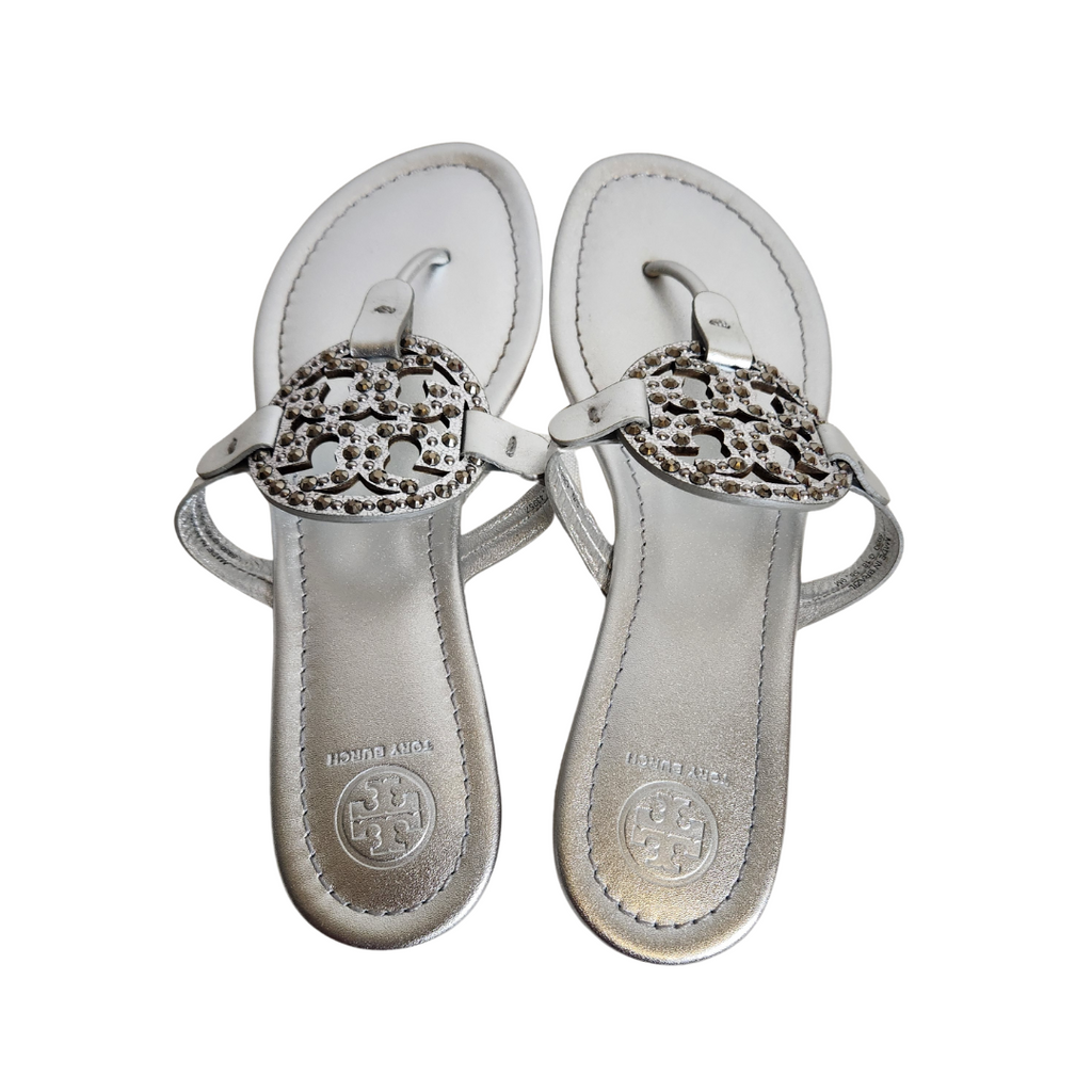 Tory Burch Silver Leather Embellished 'Miller' Sandals | Brand New |
