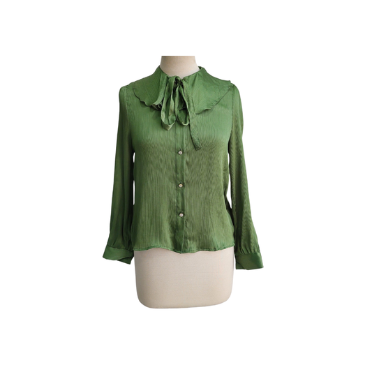 Zara Green Peter Pan Semi Sheer Button Embellished Top | Brand New |