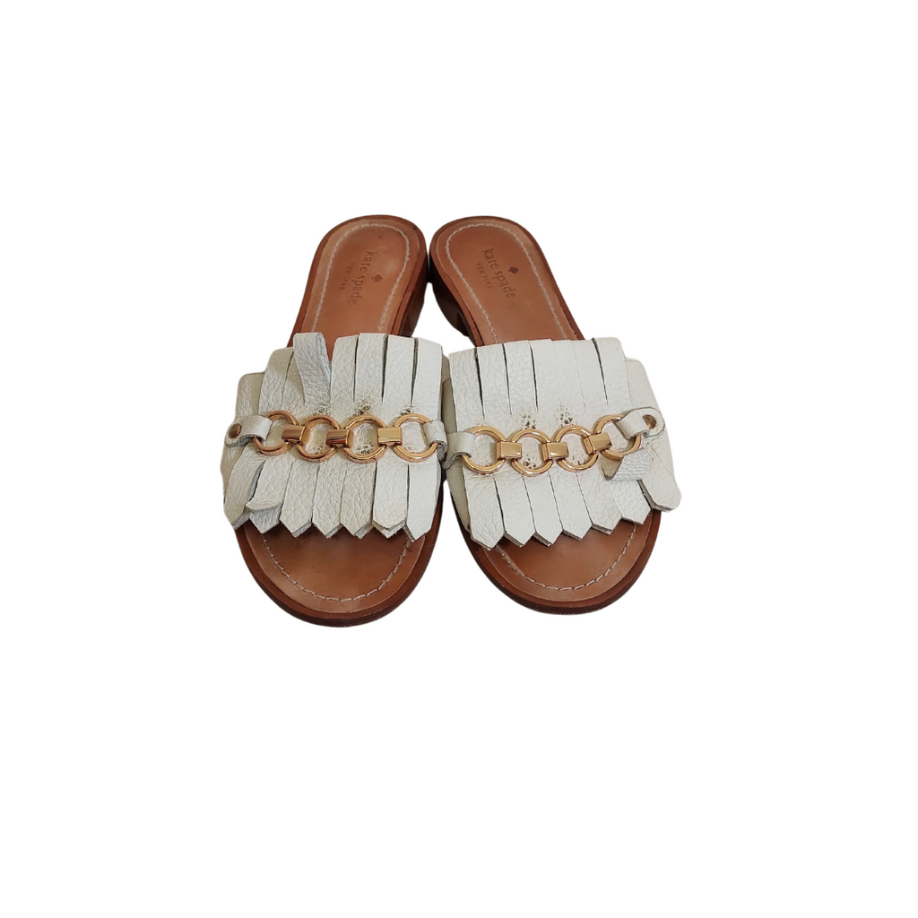Kate Spade White Brie Leather Fringe Slide Sandals | Pre Loved |