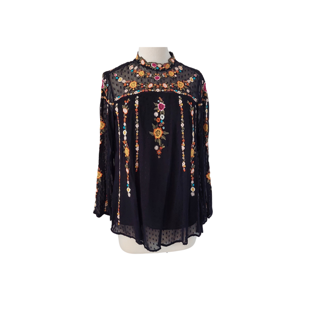 ZARA Black Embroidered High-neck Semi Sheer Blouse | Gently Used |