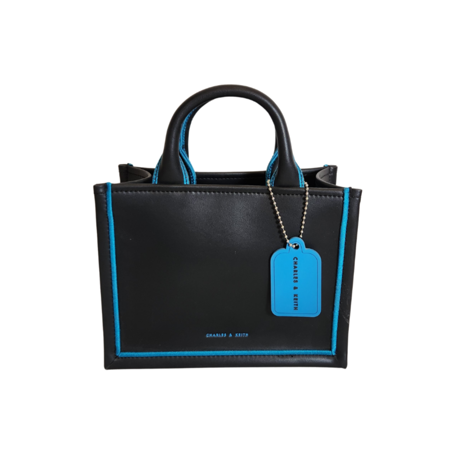 Charles & Keith Black with Blue Trim Leatherette Satchel | Gently Used |