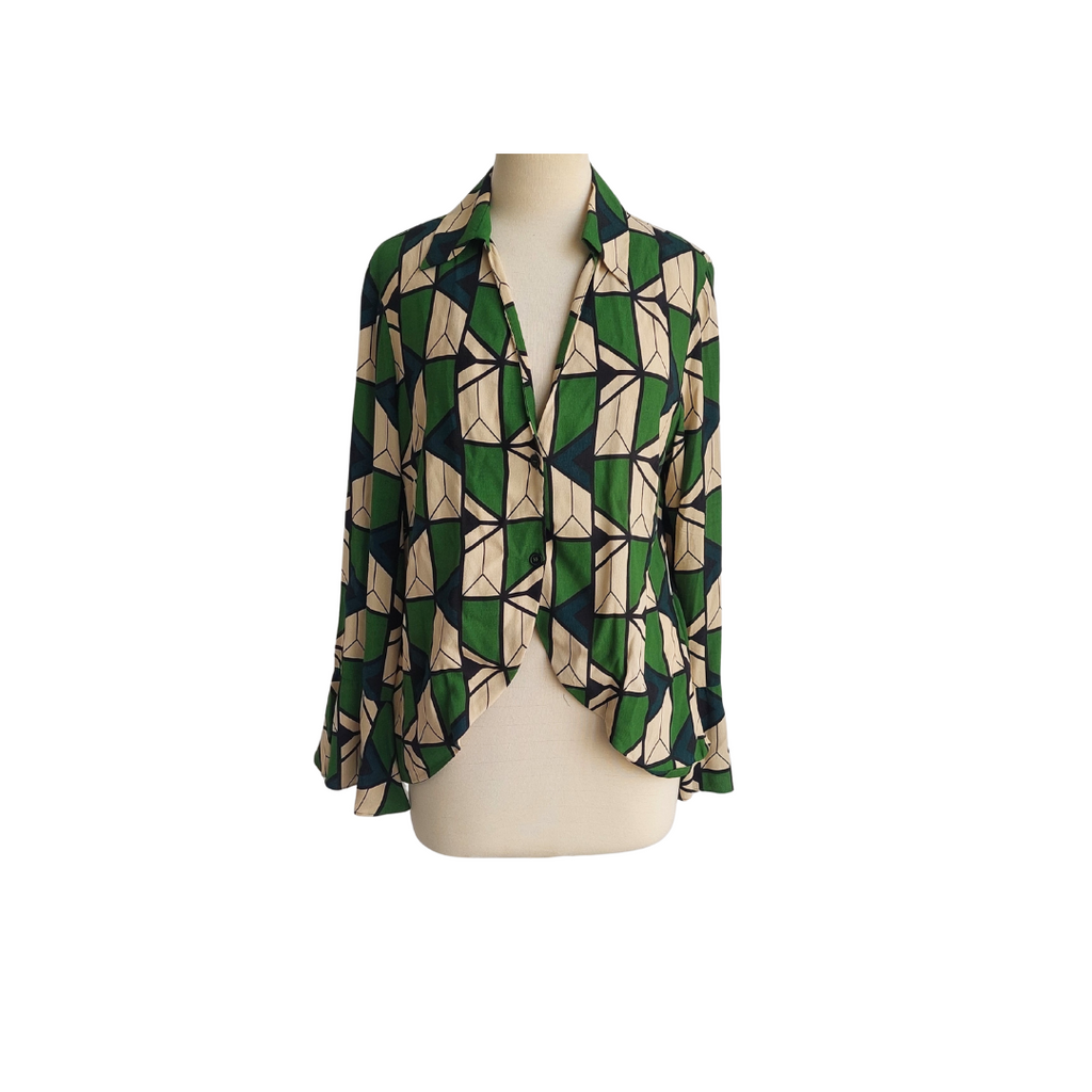Zara Green, Beige, & Black Printed Collared Shirt | Like New |