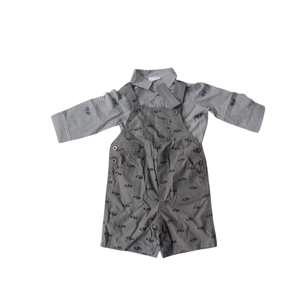 First Impression Car Grey Striped Shirt With Dungaree (18 Months) | Brand New |