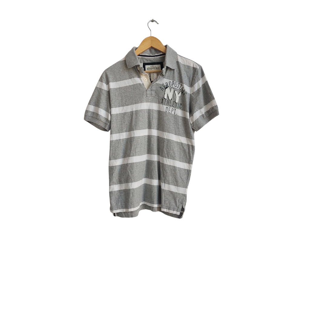 Aeropostale Men's Grey & White Striped Polo Shirt | Brand New |