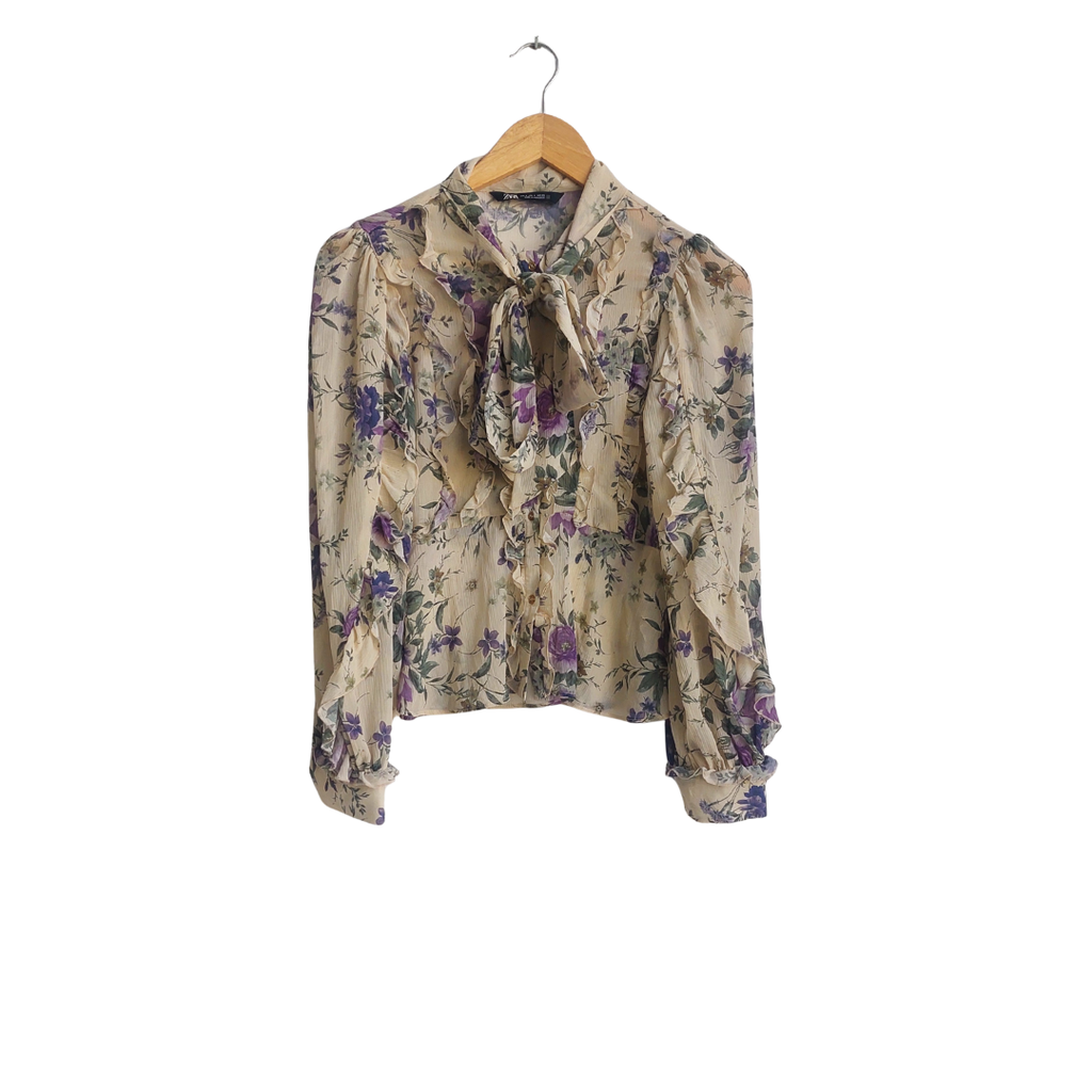 Zara Beige Floral Frill Detail Blouse | Gently Used |