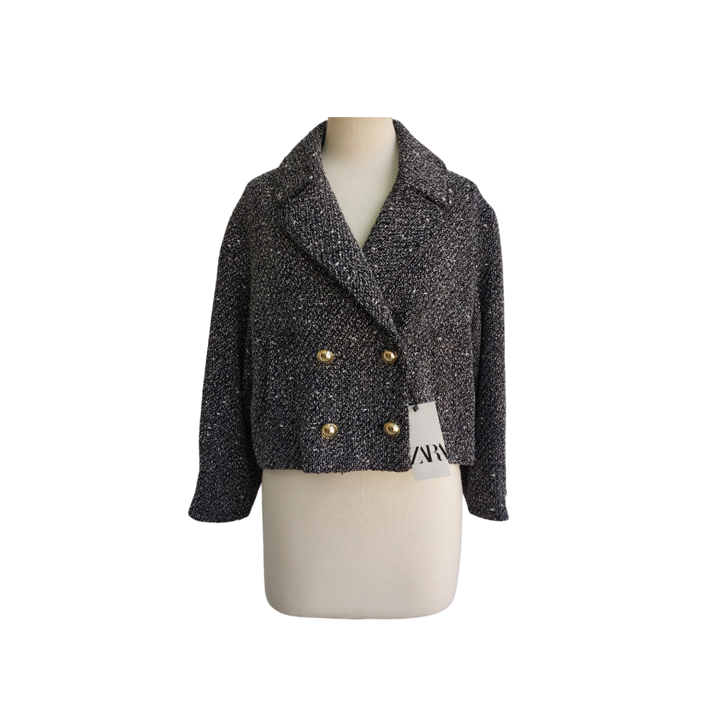 ZARA Black & White Tweed Golden Button Cropped Blazer | Brand New |
