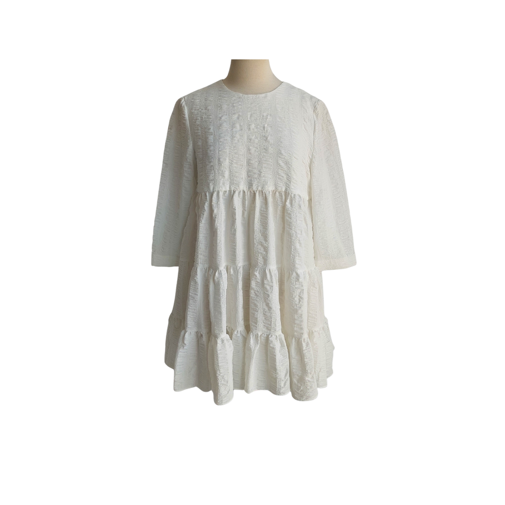 Zara White Textured Knee Length Frock | Gently Used |