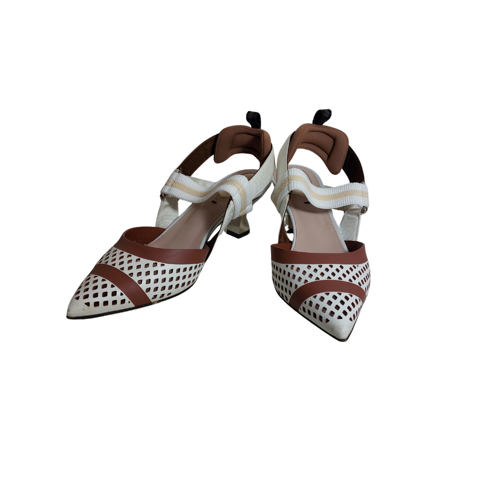 Fendi White/Brown Perforated Leather and Fabric Colibri Slingback Pumps | Pre Loved |