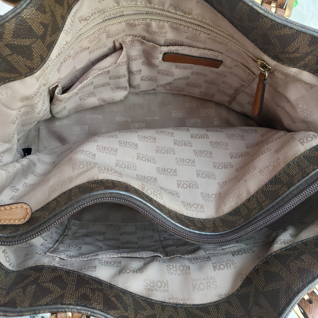 Michael Kors Signature Brown Leather Jet Set Front Pocket Tote Bag | Pre Loved |