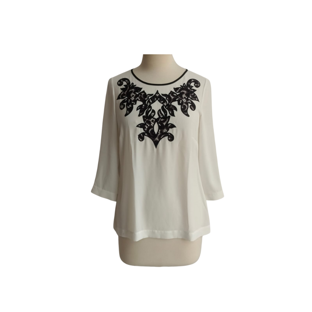 M&S White, Black Embroidered Semi Sheer Top | Pre Loved |