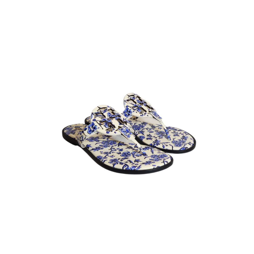 Tory Burch Blue & White Printed Miller Welt Leather Sandals | Like New |