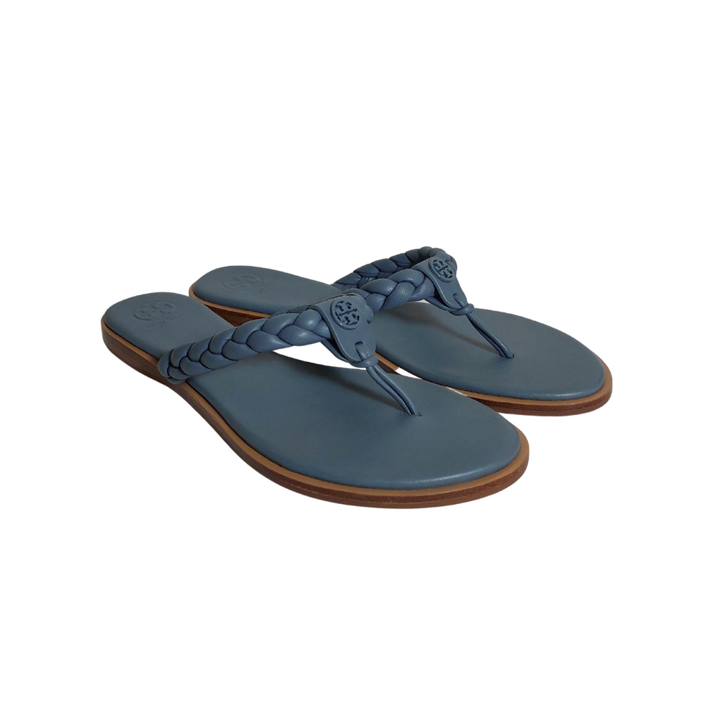 Tory Burch Grey-Blue Leather Braided Benton Thong Sandals | Like New |