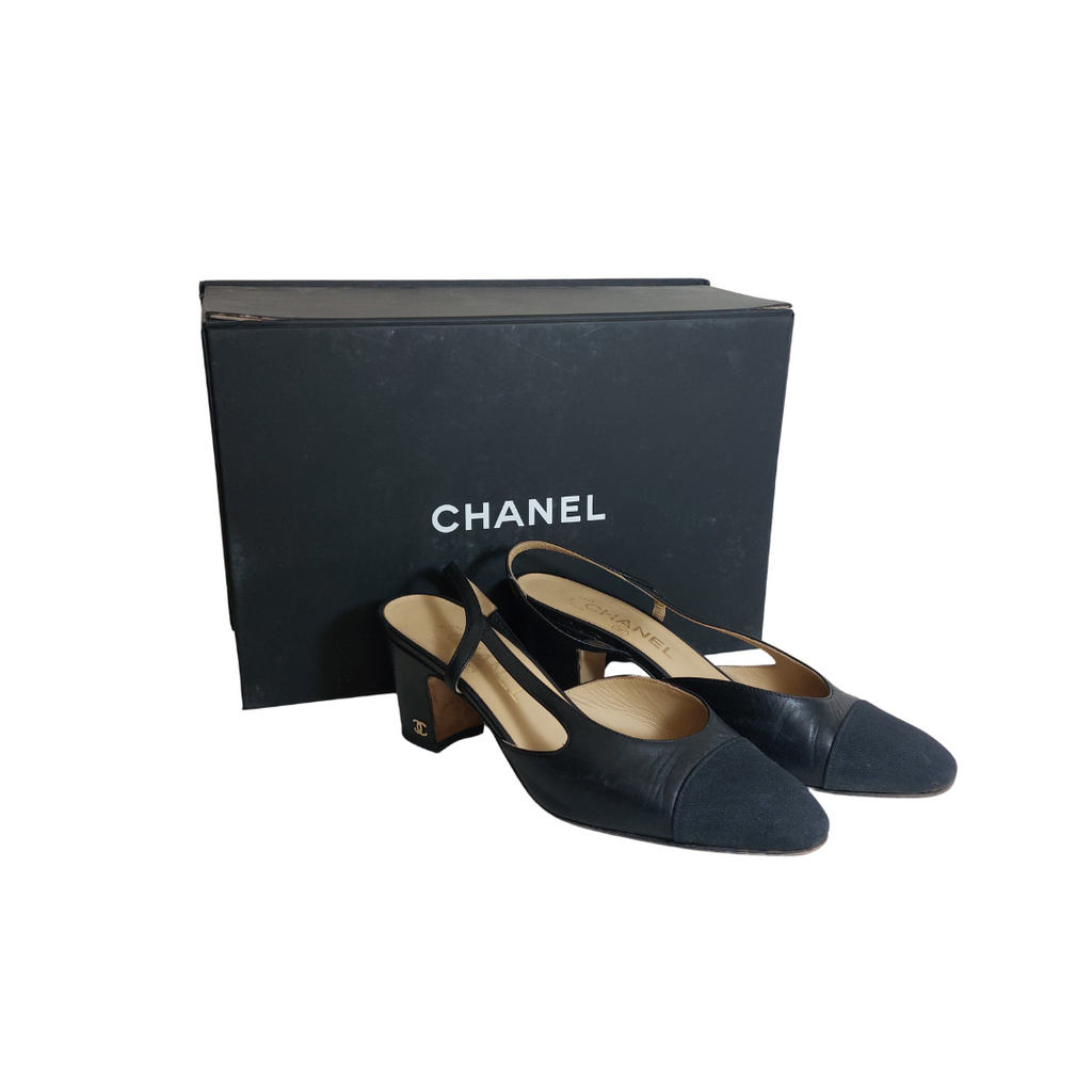 Chanel Black Leather CC Slingback Heels | Pre Loved |