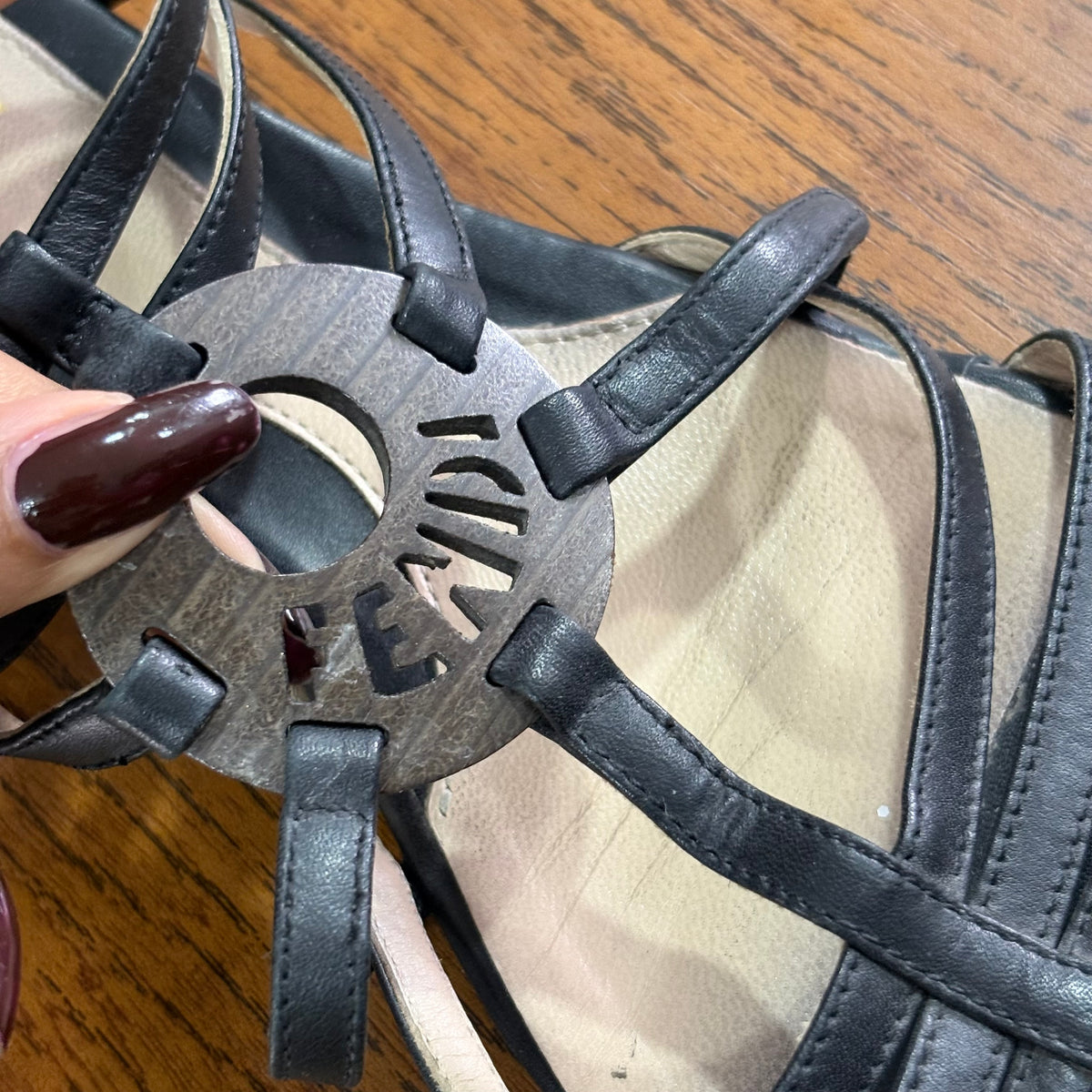 Fendi Black Wooden Emblem Strappy Sandals | Pre Loved |
