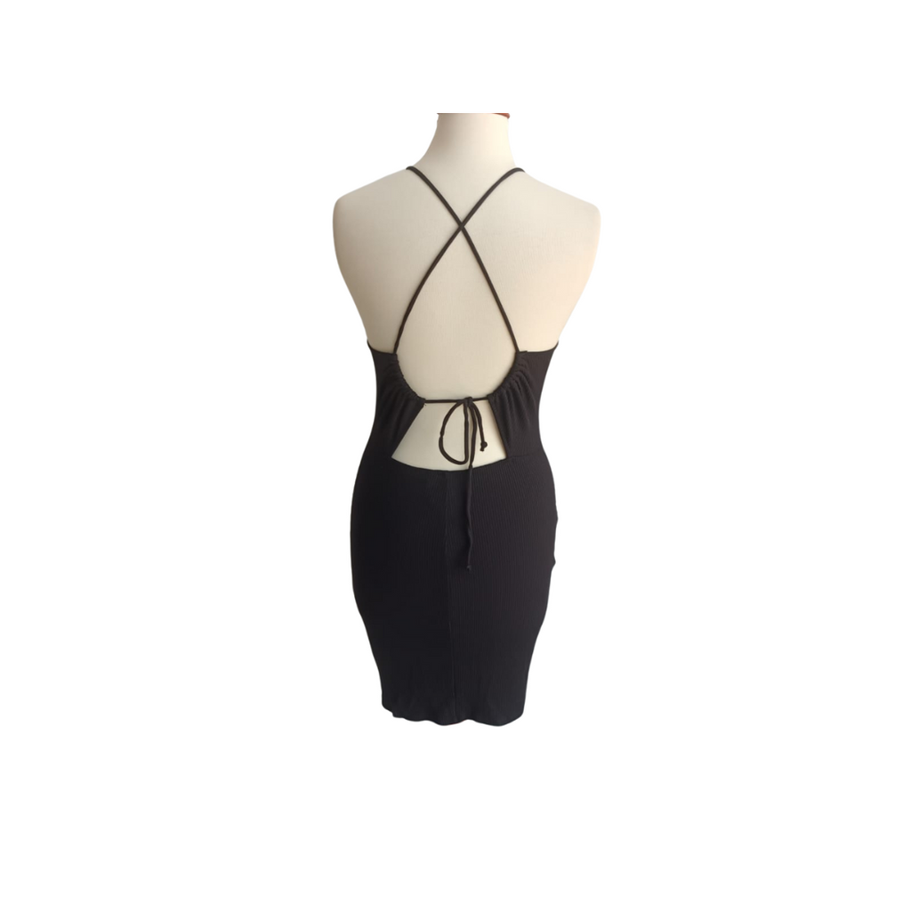H&M Black Ribbed Strappy Open Back Short Dress | Brand New |
