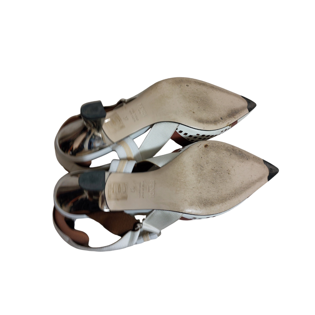 Fendi White/Brown Perforated Leather and Fabric Colibri Slingback Pumps | Pre Loved |