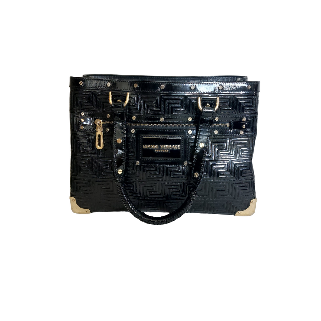 Versace Black Patent Leather & Gold Studded Shoulder Bag | Pre Loved |