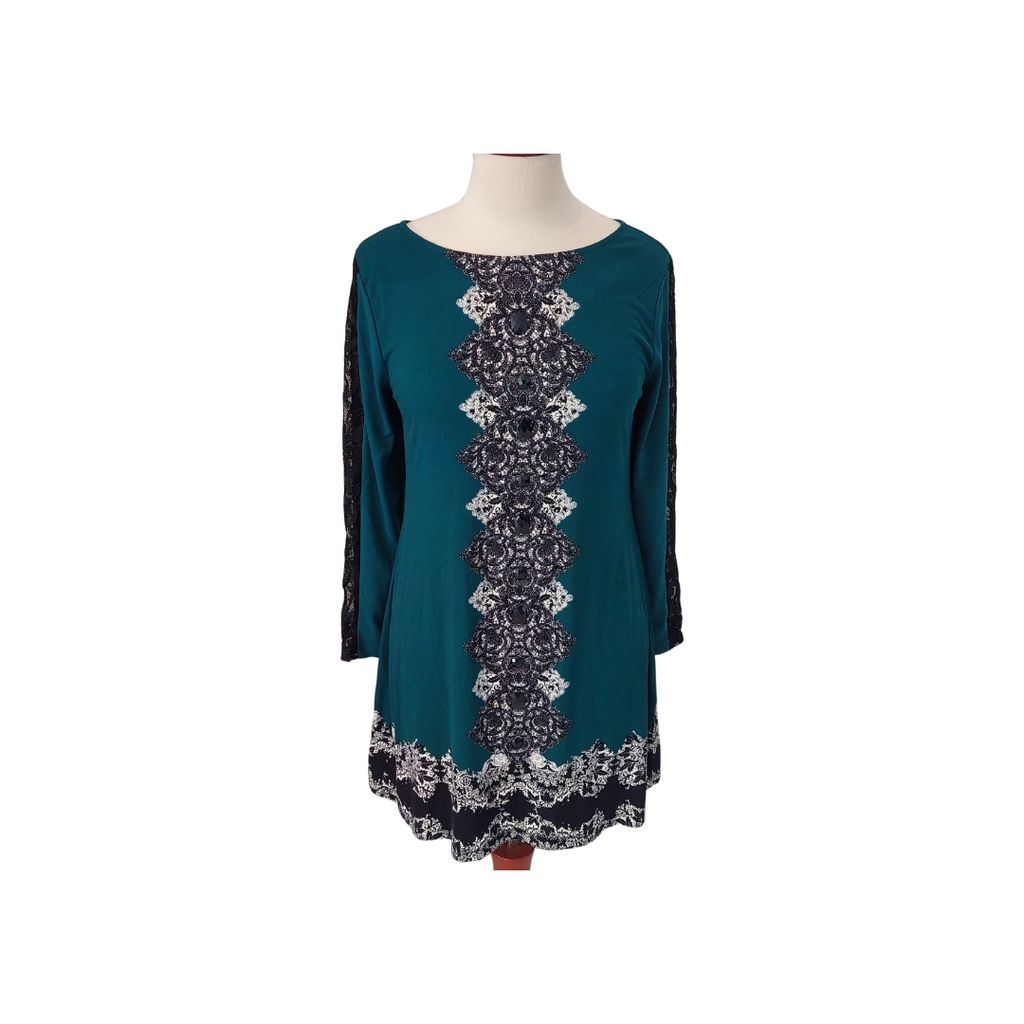 Style & Co Green with Black Print & Rhinestones Long Top | Brand New |