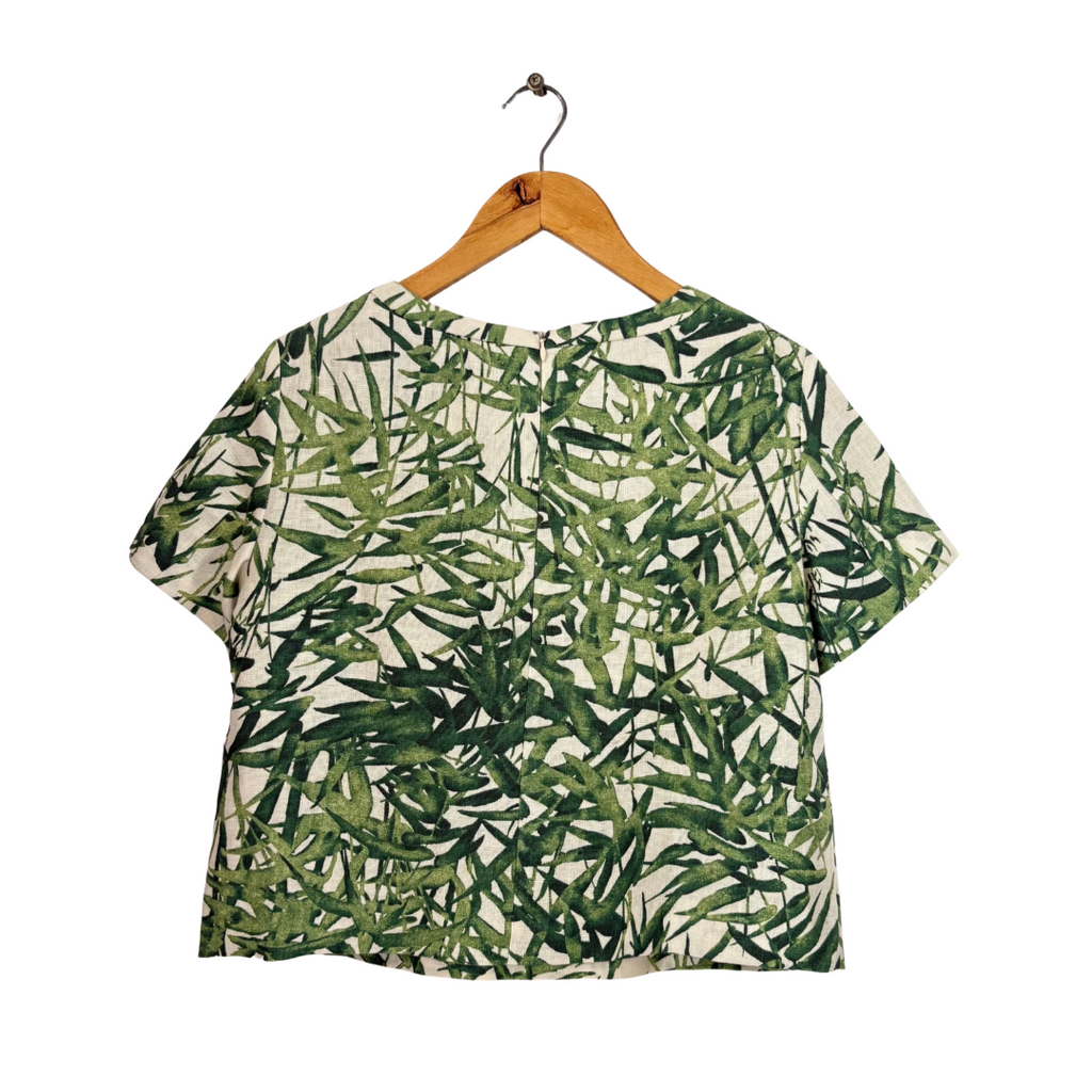 Massimo Dutti White & Green Printed 100% Linen Top | Like New |