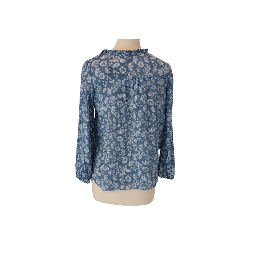 Fred David Blue & White Floral Printed Frill Neck Top | Brand New |