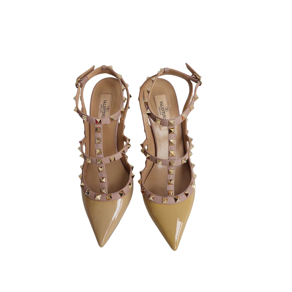 Valentino Poudre Patent Rockstud T-Strap Pointed Toe Pump Heels | Pre Loved |