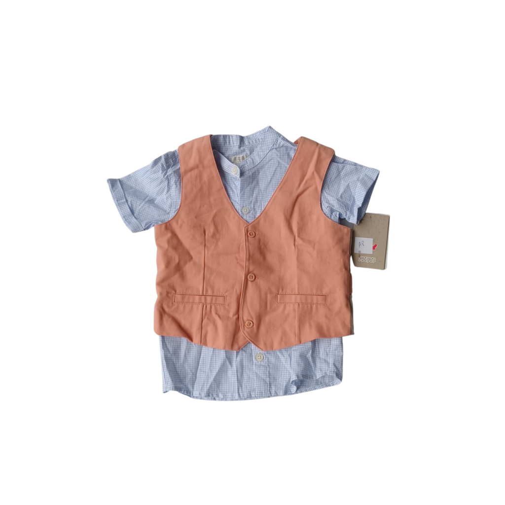Mamas&Papas Blue & White Checked Shirt With Coral Vest Set (3-4 Years) | Brand New |