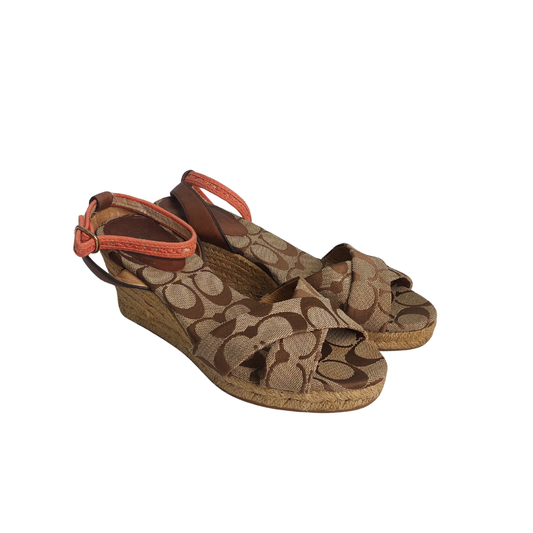 Coach Beige & Pink Henley Signature Monogram Wedge Sandals | Gently Used |