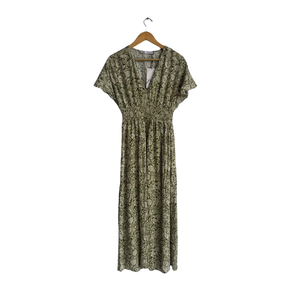 ZARA Green & Cream Printed Waist Cinched Midi Dress | Brand New |