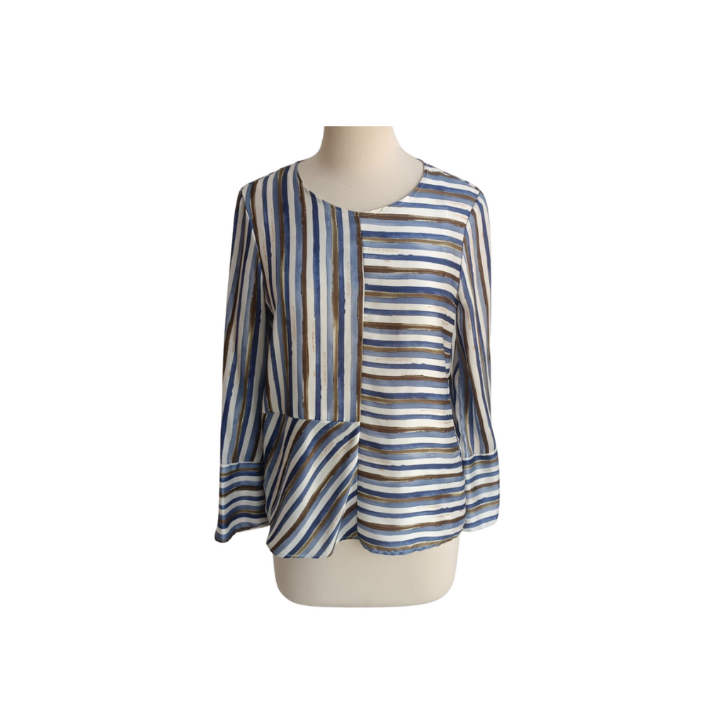 Zara Blue, Green, & White Striped Satin Top | Pre Loved |