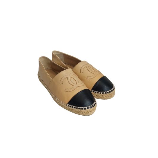 Chanel Beige & Black Leather CC Logo Espadrilles | Gently Used |