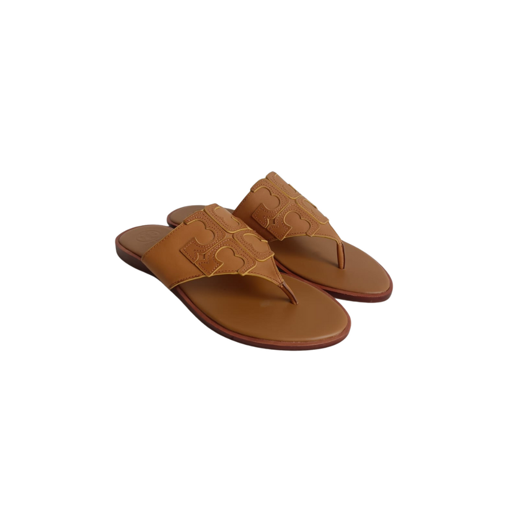 Tory Burch Royal Tan Jamie Full Logo Leather Thong Sandals | Brand New |