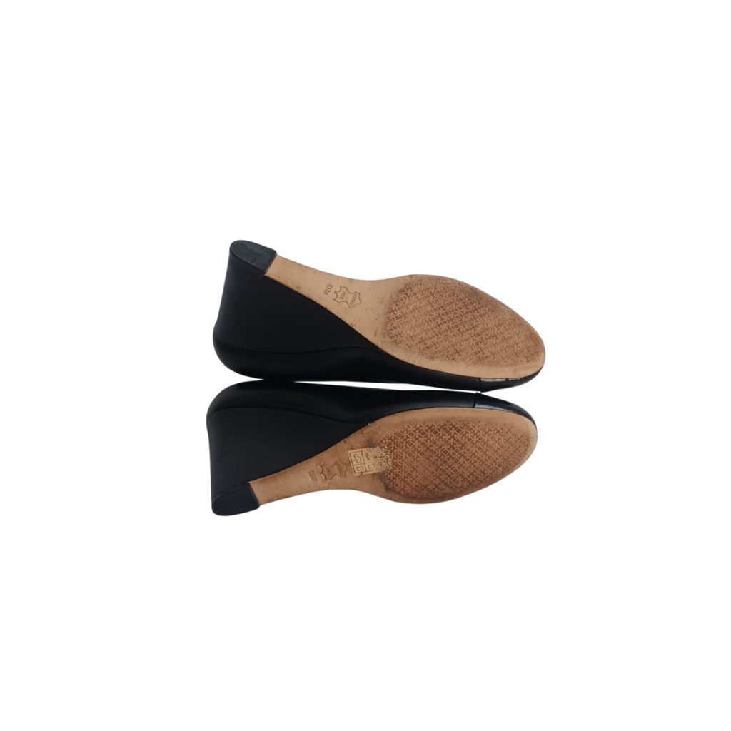 Tory Burch Black Leather Everly Cap Toe Wedges | Gently Used |