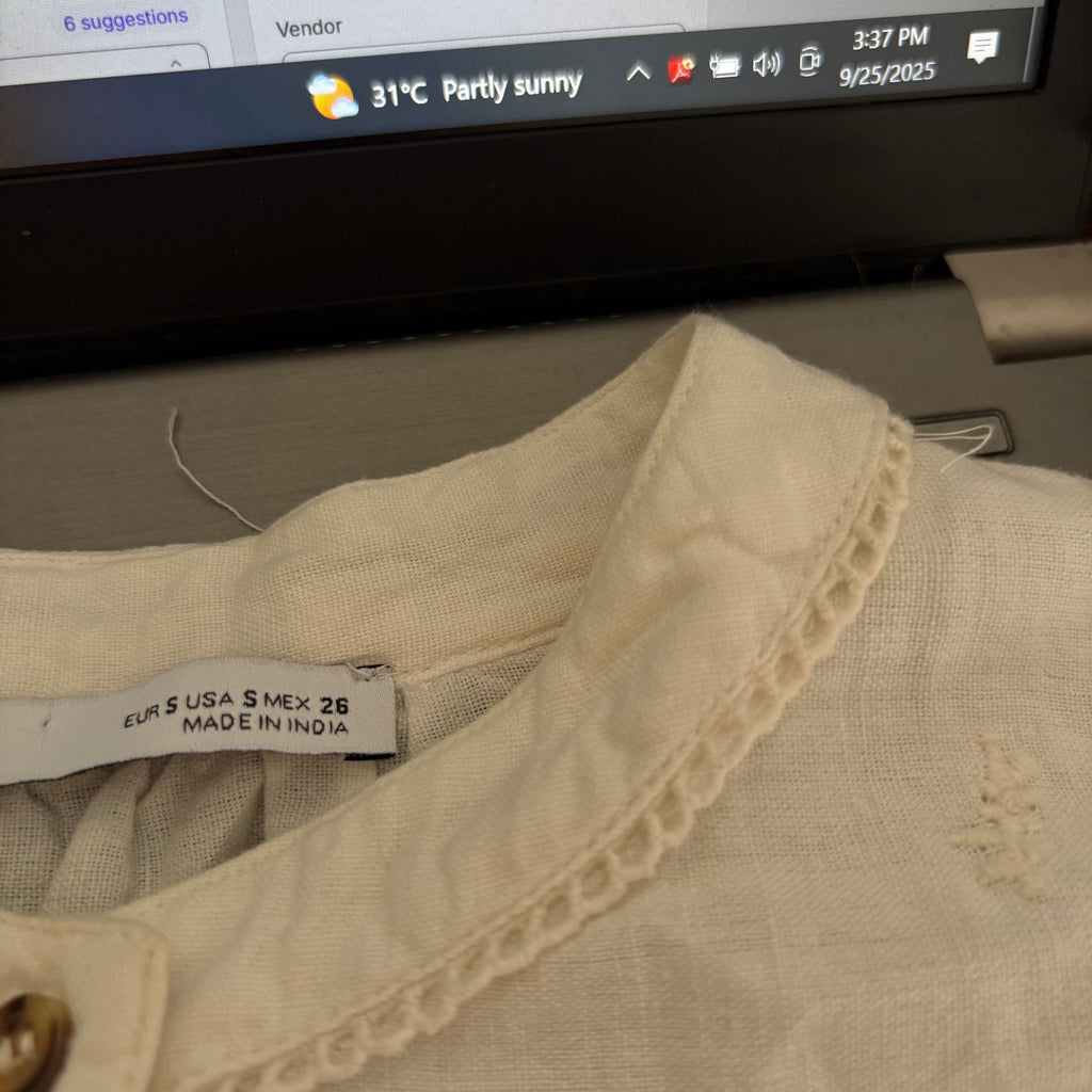 ZARA Off-White Embroidered & Lace Detail Long Collared Top | Gently Used |