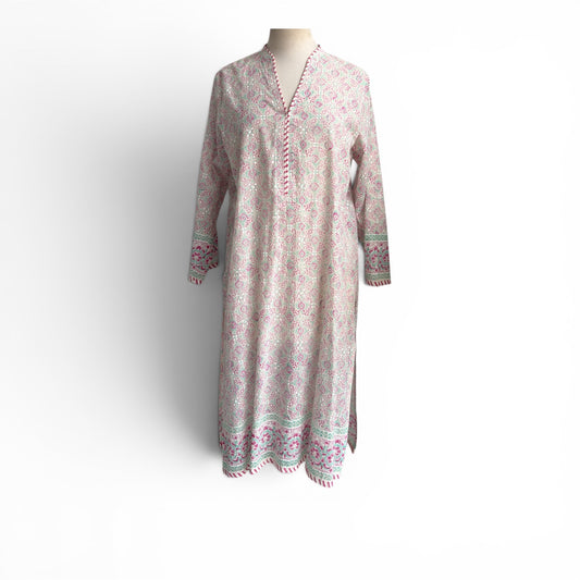 Perahan Ivory And Pink Block Print Kurta | Gently Used |