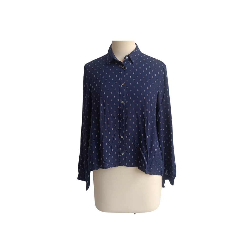 Zara Navy Anchor Print Button Down Collared Shirt | Pre Loved |