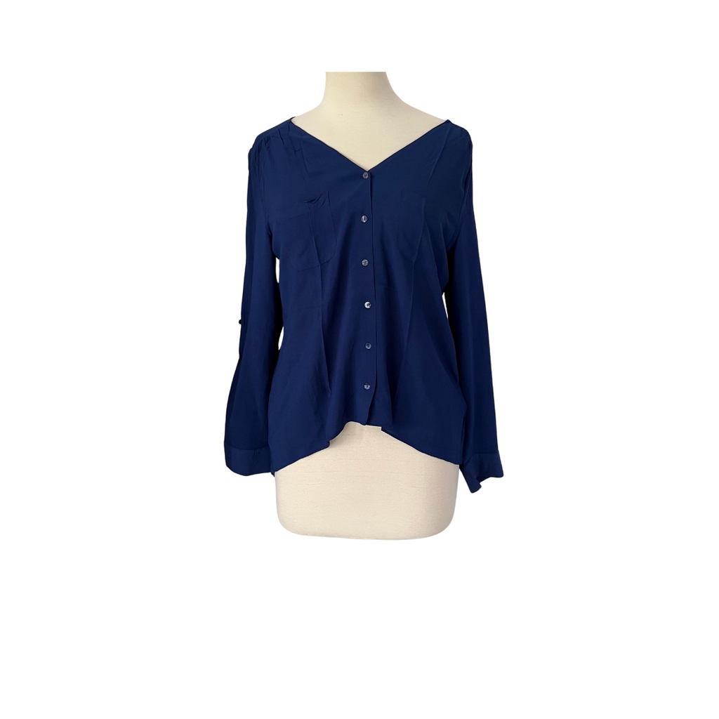 Atmosphere Dark Blue V-neck Button Down Blouse | Gently Used |
