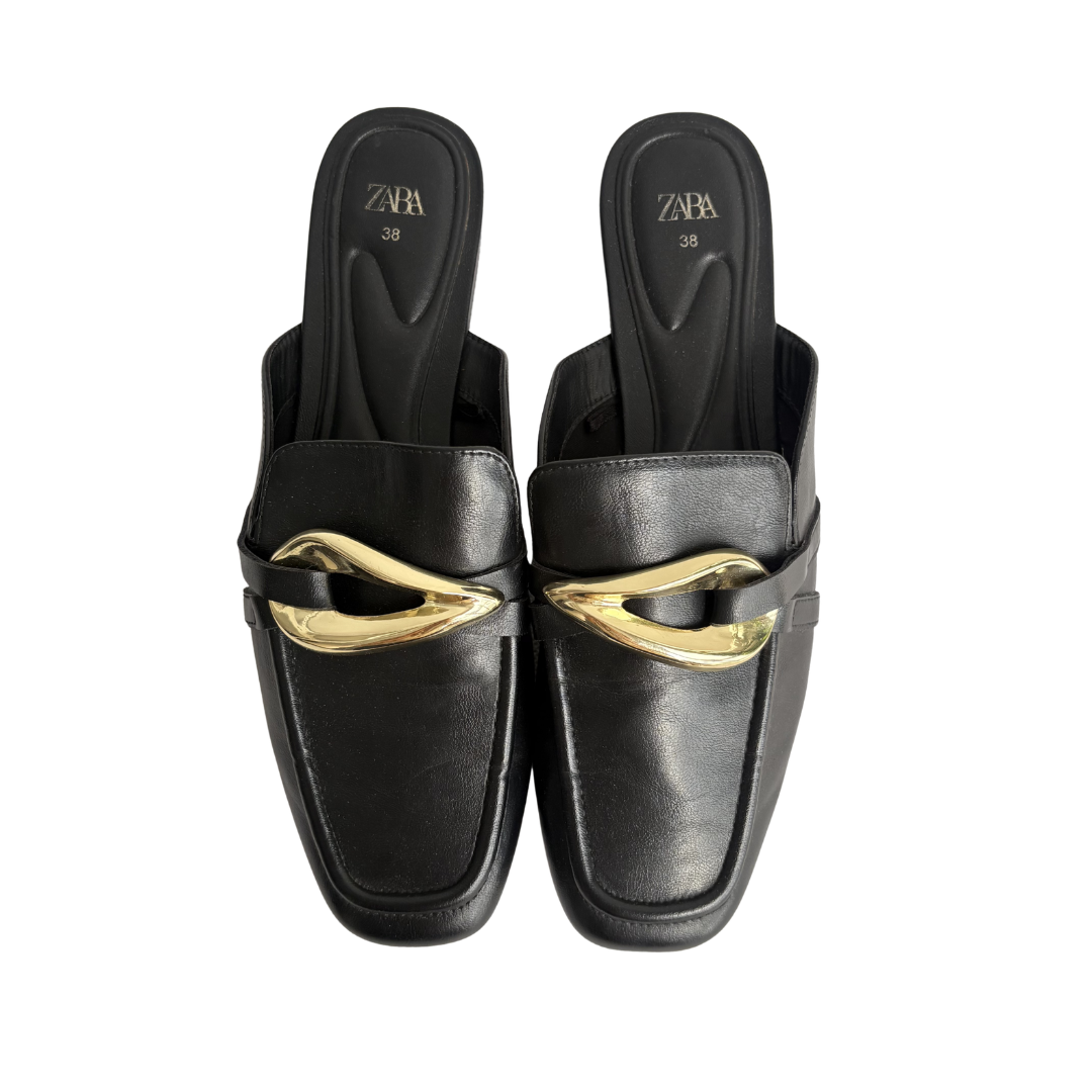 Zara Black Metallic Faux Leather Loafers | Pre Loved |