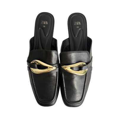 Zara Black Metallic Faux Leather Loafers | Pre Loved |