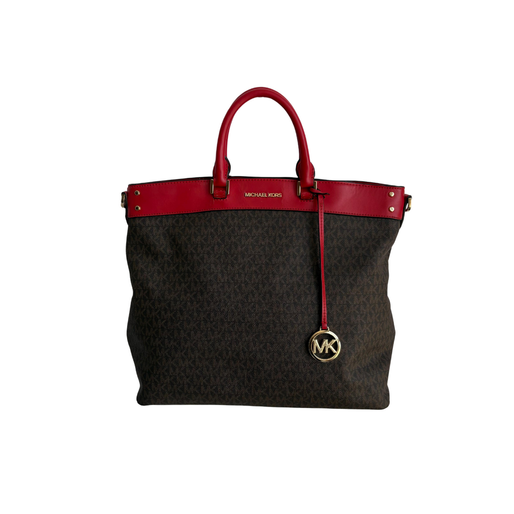 Michael Kors Flame Red & Brown Canvas & Leather Travel Large Signature Tote | Pre Loved |