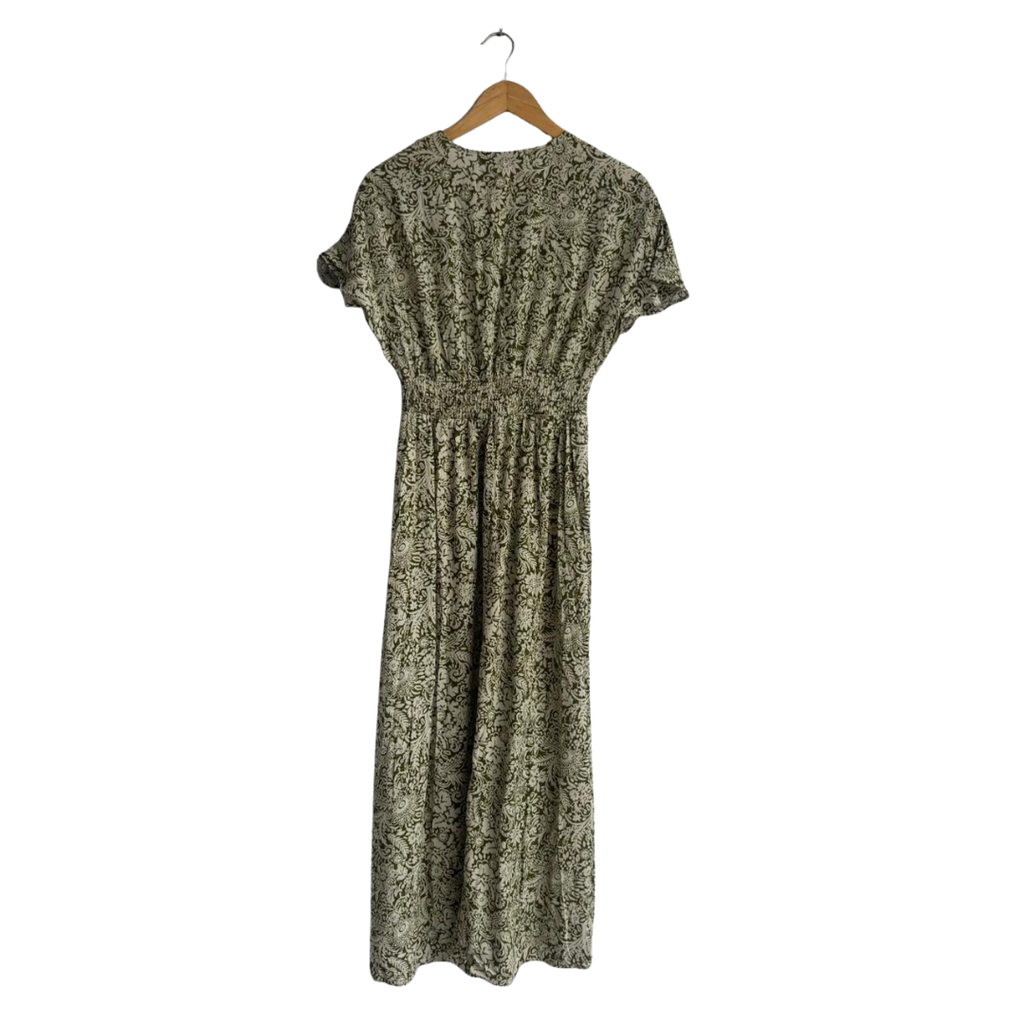 ZARA Green & Cream Printed Waist Cinched Midi Dress | Brand New |