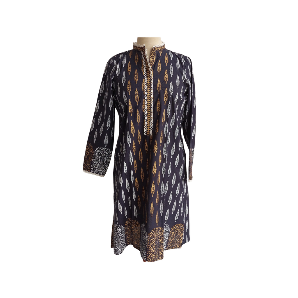 Blocked Navy White & Gold Tree Printed Kurta | Like New |