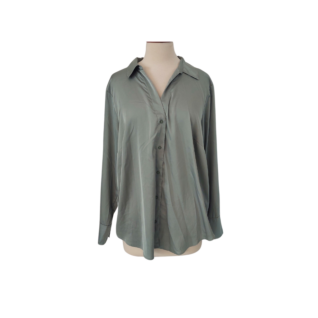 H&M Sage Green Satin Collared Blouse Brand New Secret Stash