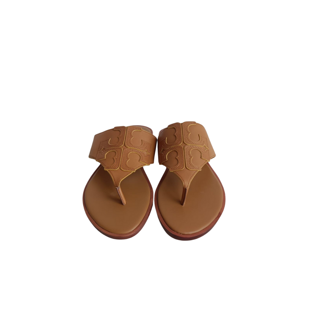 Tory Burch Royal Tan Jamie Full Logo Leather Thong Sandals | Brand New |