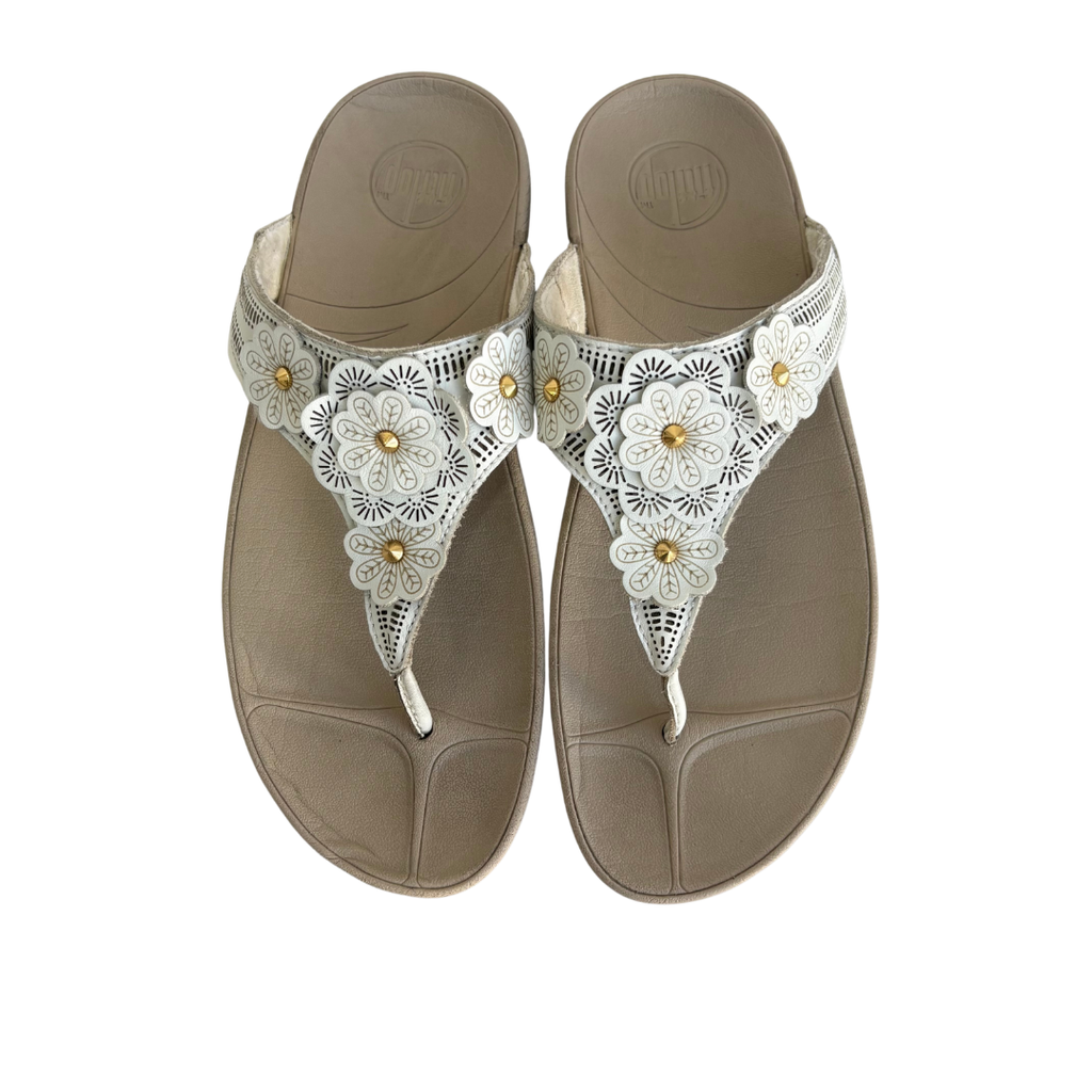 Fitflop White & Grey FIORELLA Leather Thong Wobble Sandals | Gently Used |