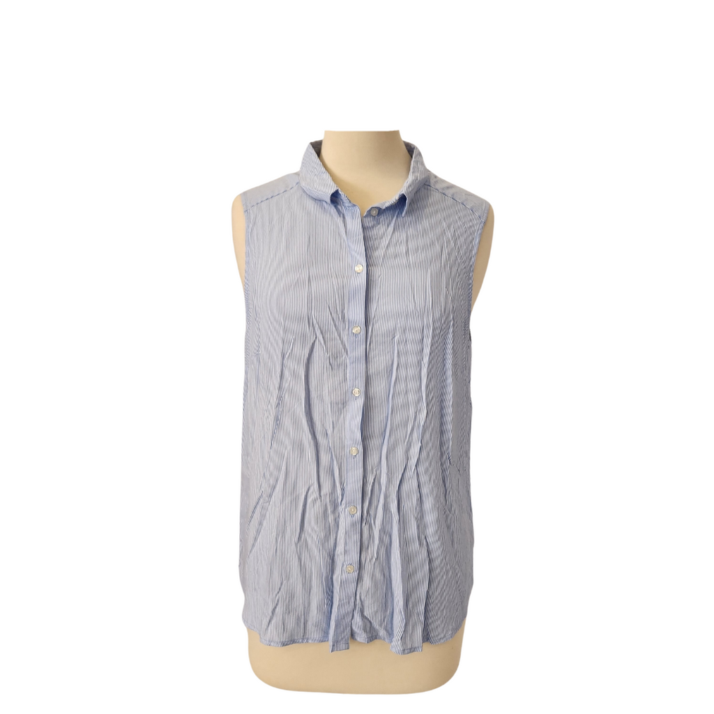 H&M Light Blue & White Striped Collared Sleeveless Long Shirt | Like New |