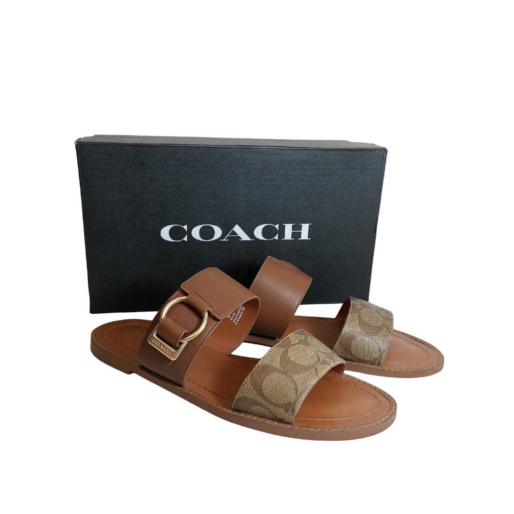 Coach Khaki Leather 'Hallie' Signature Sandals | Gently Used |