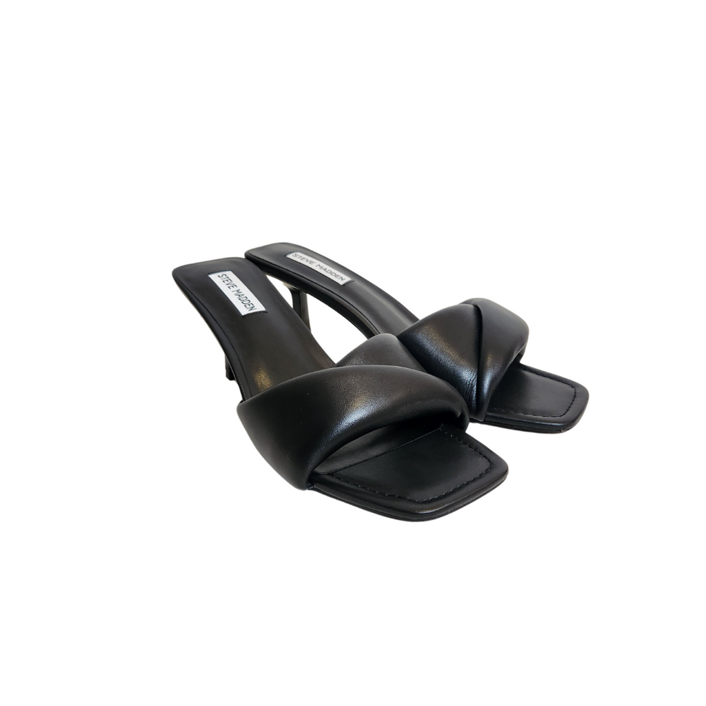 Steve Madden Black Leather 'Thai' Puffy Strap Heels | Brand New |